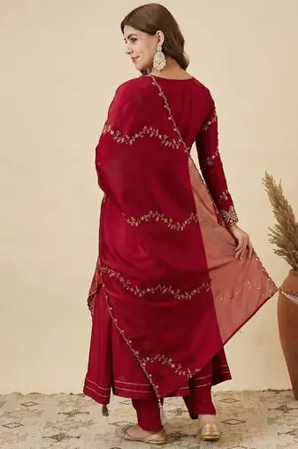 Women's Gorgeous Embroidery Work Vichitra Silk Fabric Flared Anarkali Pant and Dupatta Set