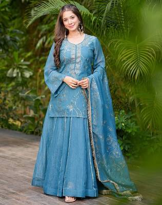 Women's Gorgeous Embroidery Work Silk Fabric Straight Kurta Sharara and Dupatta Set 1