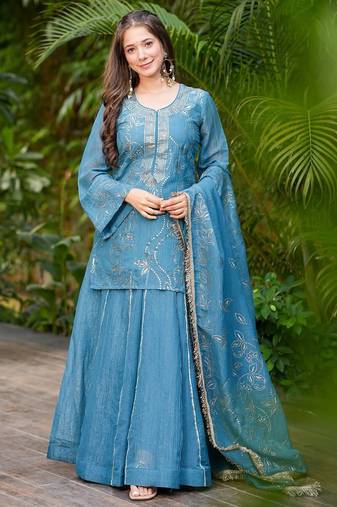 Women's Gorgeous Embroidery Work Silk Fabric Straight Kurta Sharara and Dupatta Set