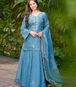 Women's Gorgeous Embroidery Work Silk Fabric Straight Kurta Sharara and Dupatta Set