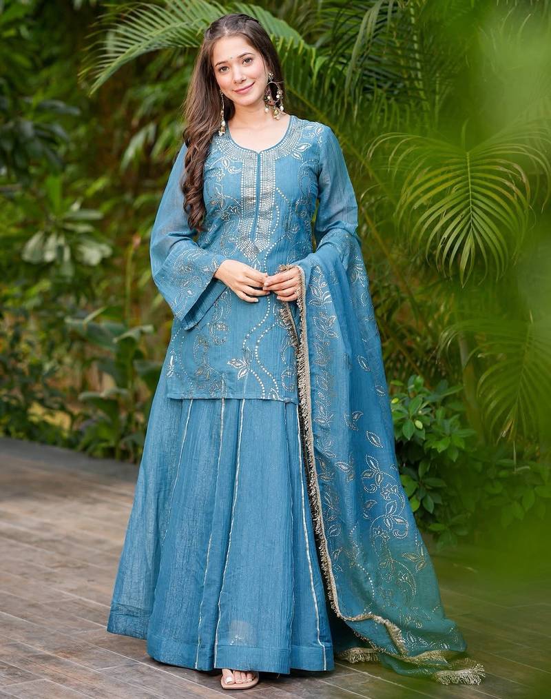 Women's Gorgeous Embroidery Work Silk Fabric Straight Kurta Sharara and Dupatta Set