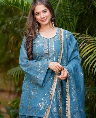 Women's Gorgeous Embroidery Work Silk Fabric Straight Kurta Sharara and Dupatta Set 2