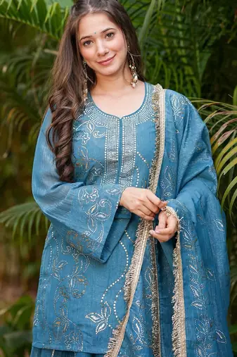 Women's Gorgeous Embroidery Work Silk Fabric Straight Kurta Sharara and Dupatta Set