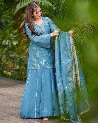 Women's Gorgeous Embroidery Work Silk Fabric Straight Kurta Sharara and Dupatta Set 3