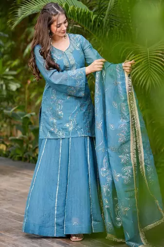 Women's Gorgeous Embroidery Work Silk Fabric Straight Kurta Sharara and Dupatta Set