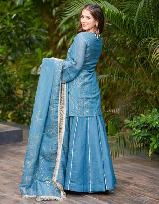 Women's Gorgeous Embroidery Work Silk Fabric Straight Kurta Sharara and Dupatta Set 4