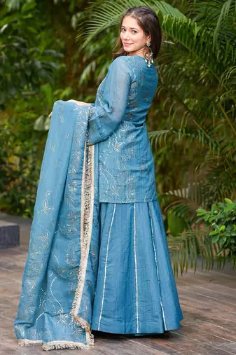 Women's Gorgeous Embroidery Work Silk Fabric Straight Kurta Sharara and Dupatta Set