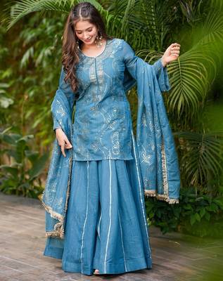 Women's Gorgeous Embroidery Work Silk Fabric Straight Kurta Sharara and Dupatta Set 5