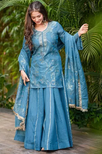 Women's Gorgeous Embroidery Work Silk Fabric Straight Kurta Sharara and Dupatta Set
