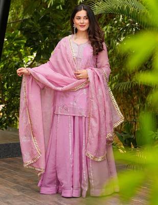 Women's Gorgeous Embroidery Work Silk Fabric Straight Kurta Sharara and Dupatta Set 1