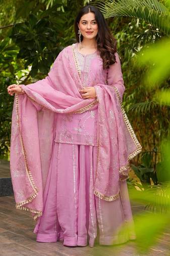 Women's Gorgeous Embroidery Work Silk Fabric Straight Kurta Sharara and Dupatta Set