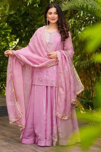 Women's Gorgeous Embroidery Work Silk Fabric Straight Kurta Sharara and Dupatta Set