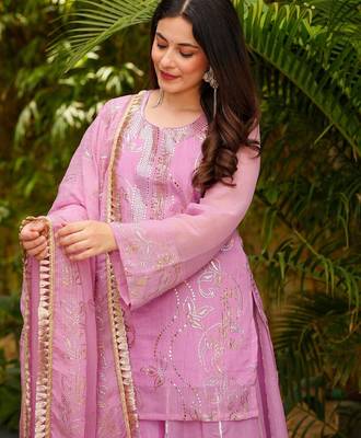 Women's Gorgeous Embroidery Work Silk Fabric Straight Kurta Sharara and Dupatta Set 2