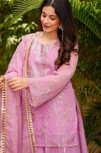 Women's Gorgeous Embroidery Work Silk Fabric Straight Kurta Sharara and Dupatta Set