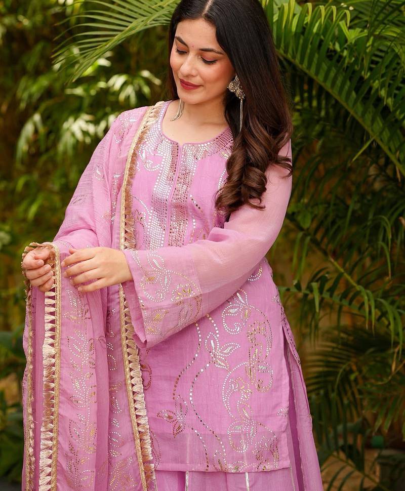 Women's Gorgeous Embroidery Work Silk Fabric Straight Kurta Sharara and Dupatta Set