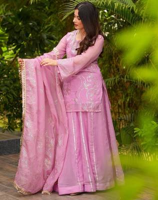 Women's Gorgeous Embroidery Work Silk Fabric Straight Kurta Sharara and Dupatta Set 3