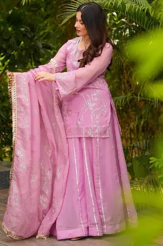 Women's Gorgeous Embroidery Work Silk Fabric Straight Kurta Sharara and Dupatta Set