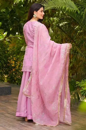Women's Gorgeous Embroidery Work Silk Fabric Straight Kurta Sharara and Dupatta Set