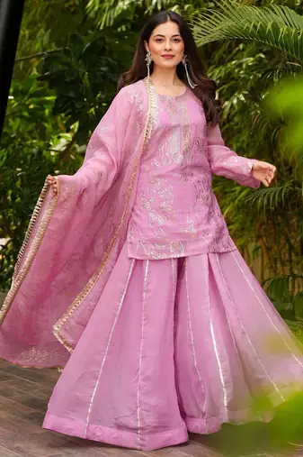 Women's Gorgeous Embroidery Work Silk Fabric Straight Kurta Sharara and Dupatta Set