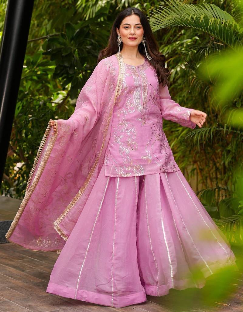 Women's Gorgeous Embroidery Work Silk Fabric Straight Kurta Sharara and Dupatta Set