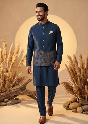  blue embroidered soft silk koti kurta & pant set  1