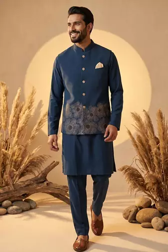 blue embroidered soft silk koti kurta & pant set 