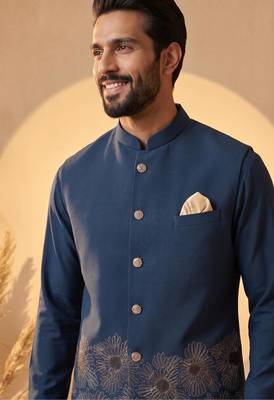  blue embroidered soft silk koti kurta & pant set  2