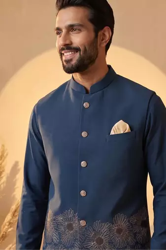  blue embroidered soft silk koti kurta & pant set 