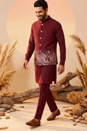 maroon embroidered soft silk koti kurta & pant set 