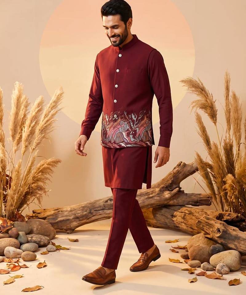 maroon embroidered soft silk koti kurta & pant set 
