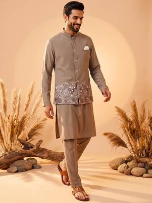 cream embroidered soft silk koti kurta & pant set  1