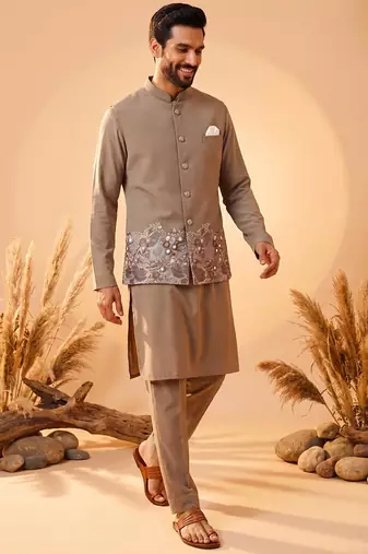 cream embroidered soft silk koti kurta & pant set 