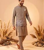 cream embroidered soft silk koti kurta & pant set 