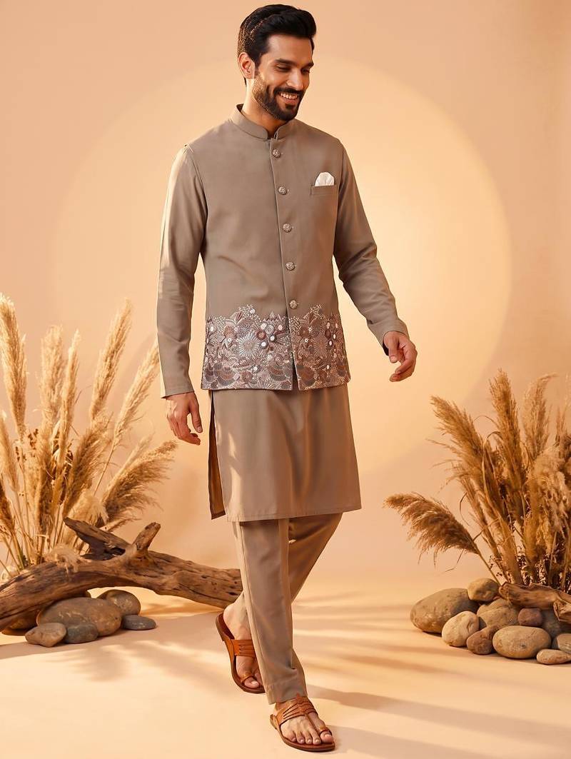 cream embroidered soft silk koti kurta & pant set 