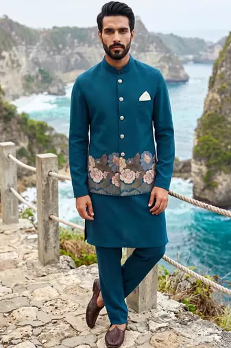 rama blue embroidered soft silk koti kurta & pant set 