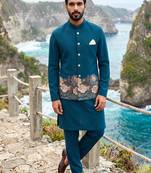 rama blue embroidered soft silk koti kurta & pant set 