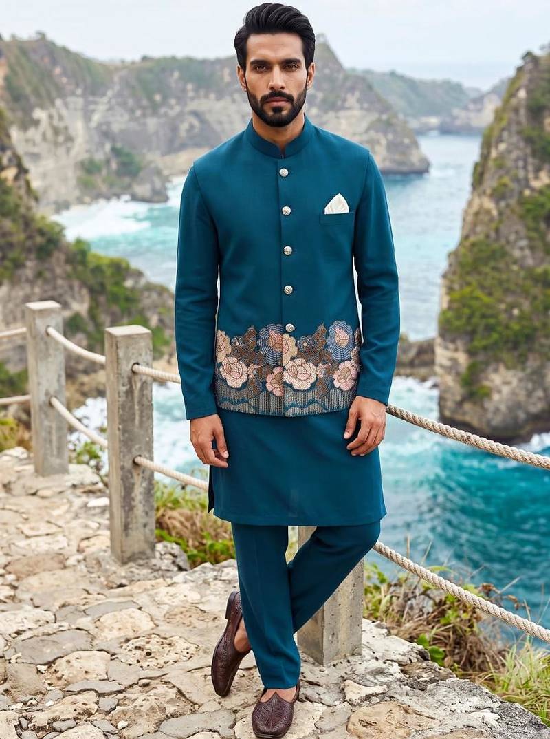 rama blue embroidered soft silk koti kurta & pant set 
