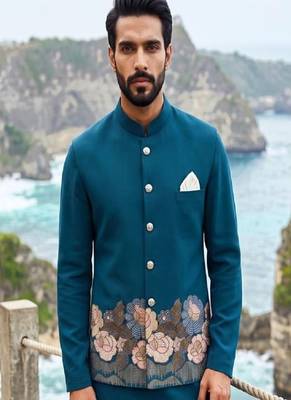 rama blue embroidered soft silk koti kurta & pant set  2