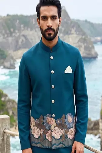 rama blue embroidered soft silk koti kurta & pant set 