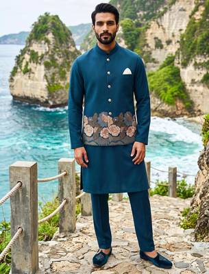 rama blue embroidered soft silk koti kurta & pant set  3