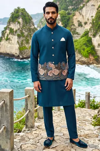 rama blue embroidered soft silk koti kurta & pant set 