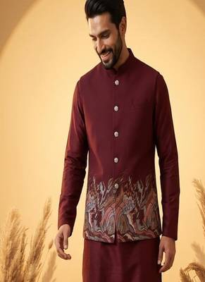 maroon embroidered soft silk koti kurta & pant set  2