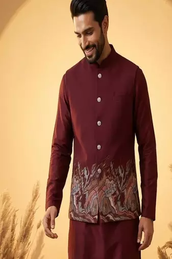 maroon embroidered soft silk koti kurta & pant set 