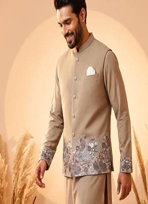 cream embroidered soft silk koti kurta & pant set  2