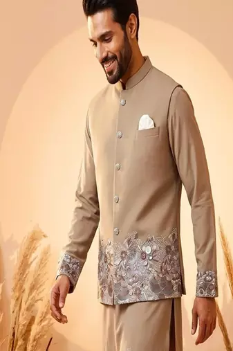 cream embroidered soft silk koti kurta & pant set 