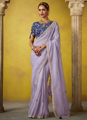 Light lavender pure based fancy fabric embroidery saree 1