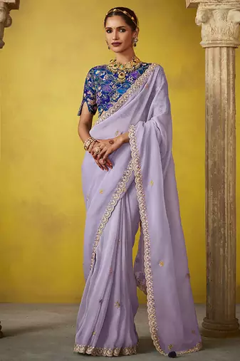 Light lavender pure based fancy fabric embroidery saree