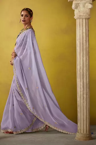 Light lavender pure based fancy fabric embroidery saree