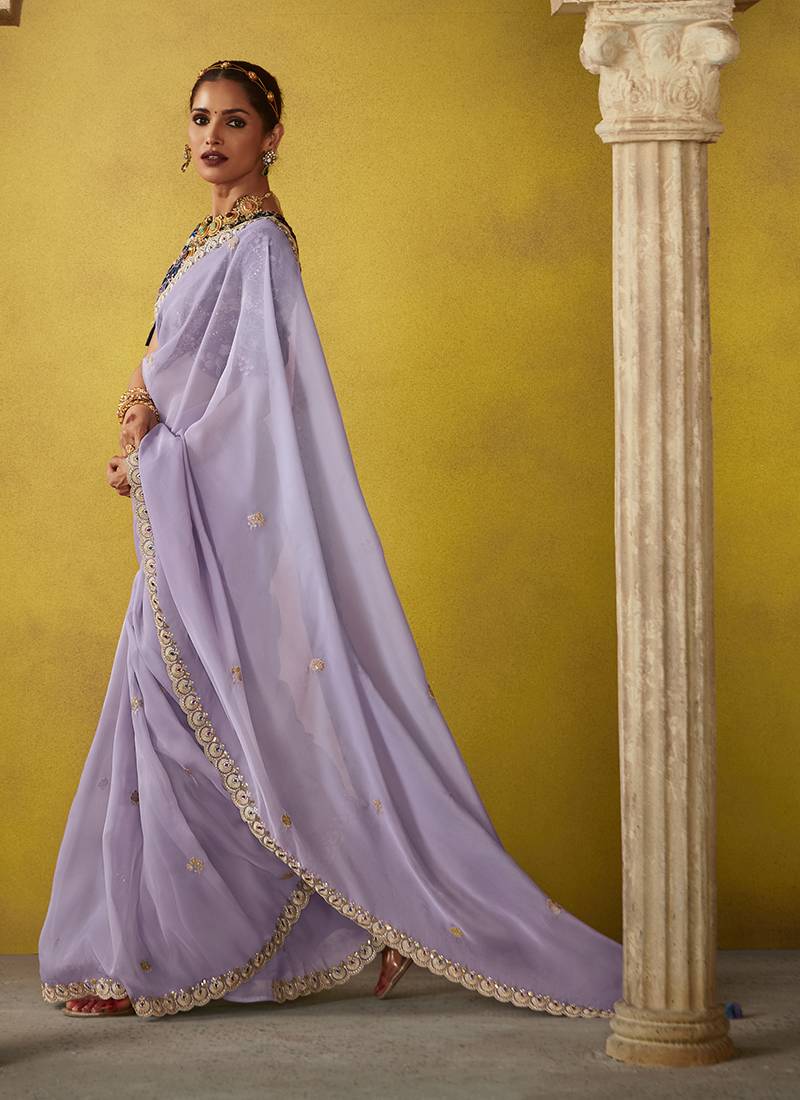 Light lavender pure based fancy fabric embroidery saree