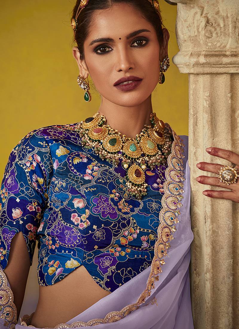 Light lavender pure based fancy fabric embroidery saree